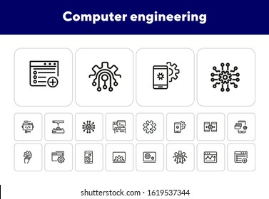 Computer engineering line icon set.Set of line icons on white background. Technology concept.Computer, machine, progress.Vector illustration can be used for topics like technics, programming, computer