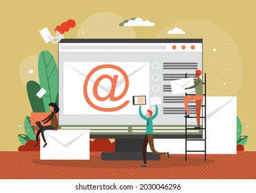 Computer mit Umschlag und E-Mail-Zeichen auf dem Bildschirm, winzige Menschen mit Nachrichten, flache Vektorgrafik. E-Mail-Marketing.
