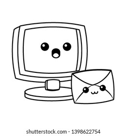 Computer and envelope kawaii cartoon in black and white