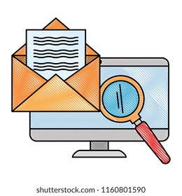 computer with envelope mail and magnifying glass
