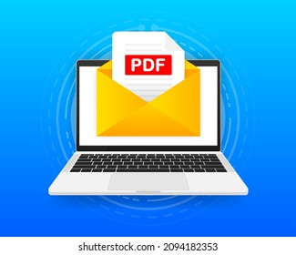 Computer with envelope and PDF file. Laptop and email with PDF document attachment. Vector illustration.