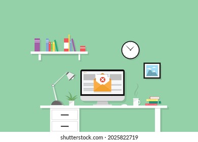 Computer and envelope with rejected letter. Email with rejected header, subject.College rejected admission or employment, recruitment concepts. Modern flat design vector illustration. Workplace.