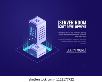 Computer equipment, big data processing, digital information technology, cloud file storage, server, database and data center isometric vector illustration