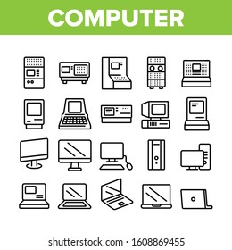 Computer Equipment Collection Icons Set Vector Thin Line. Vintage Computer, Modern Laptop And Monitor Screen Electronic Device Concept Linear Pictograms. Monochrome Contour Illustrations