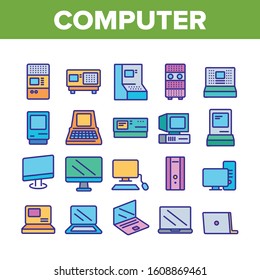 Computer Equipment Collection Icons Set Vector Thin Line. Vintage Computer, Modern Laptop And Monitor Screen Electronic Device Concept Linear Pictograms. Color Contour Illustrations