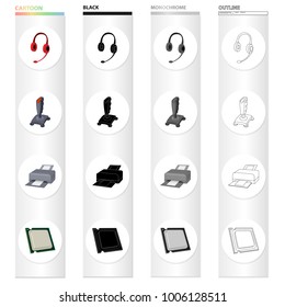 Computer equipment earphone with microphone, joystick, printer, processor . Computer Accessories set collection icons in cartoon black monochrome outline style vector symbol stock illustration web.