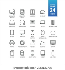 Computer Equipment Icons. Office And Remote Working Setup Symbols. Computer, Desktop, Laptop Tablet And Mobile. Monitor, Keyboard And Mouse. Internet Router, Wifi And Server Graphics. - Mono, Vector