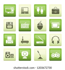 Computer equipment and periphery icons over green background - vector icon set