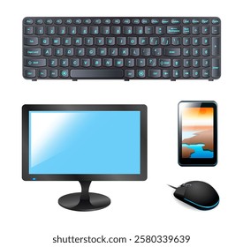 Computer equipment set. Monitor, keyboard, tablet and mouse on white background. Vector illustration