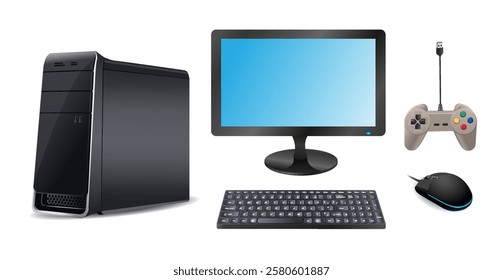 Computer equipment set. Monitor, keyboard, tablet and mouse on white background. Vector 3d illustration