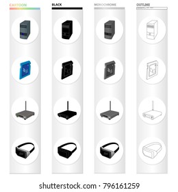 Computer equipment system unit, router, 3D glasses, memory card. Computer Accessories set collection icons in cartoon black monochrome outline style vector symbol stock illustration web.