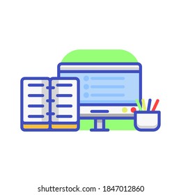 a computer equipped with a notebook and a collection of colored pencils