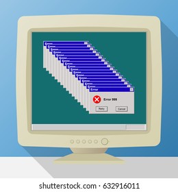 Computer error and alert on CRT monitor retro style failed