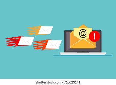 Computer error because of email spam attack. Receive many emails. Spamming email. 