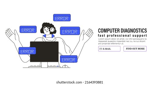 Computer error concept for web or ui design and ads. Character has problem with malware or bug in software or program. Data recovery, computer, laptop diagnostics and software update service banner.