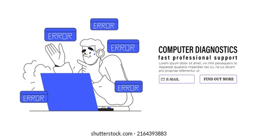 Concepto de error informático para diseño y anuncios web o ui. El carácter tiene problemas con el malware o el fallo en software o programa. Banner de servicio de recuperación de datos, computadora, diagnóstico de portátiles y actualización de software.