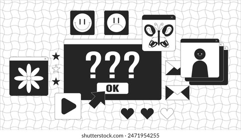 Computer error screen black and white lofi wallpaper. Problems with access on internet source 2D outline cartoon flat illustration. Technical issues with website vector line lo fi aesthetic background