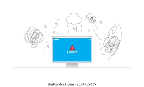  El icono del monitor de computadora muestra la condición de error Hacer la depresión frustrada y aislada en el traje de fondo blanco para el diseño de Sitio web y el diseño de la maqueta 