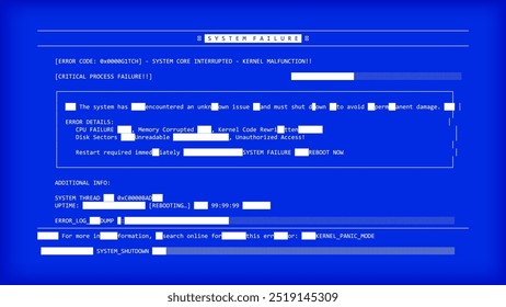 Computer error screen message blue screen with blocky text fragments and character distortion