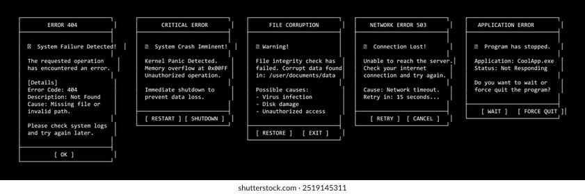 Mensaje de pantalla de error de computadora configurado en pantalla negra con distorsión de caracteres y Botón interactivo