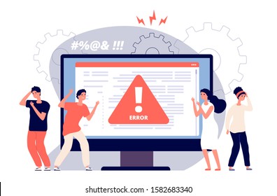 Computer error. Warnings unavailable page users, attention symbol alerts of problem, angry clients near monitor device, vector concept