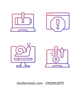 Computer errors gradient linear vector icons set. Battery not charging. System error window. Slow processing. Thin line contour symbols bundle. Isolated vector outline illustrations collection