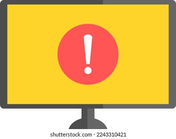 Computer with exclamation mark in the screen. Monitor with alert icon in the screen.