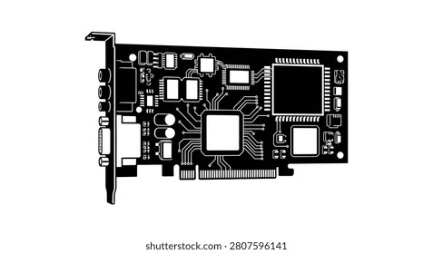 Computer expansion card with integrated circuits black silhouette hardware circuit chip