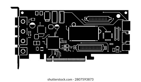 Computer expansion card with ports and components black silhouette circuitry technology
