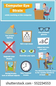 Computer Eye Strain Relief Tips Or Infographics, Vector Illustration