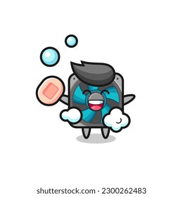 computer fan character is bathing while holding soap , cute style design for t shirt, sticker, logo element