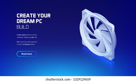 Computer fan for cpu cooler or pc case, 3d realistic isometric illustration, custom gaming and workstation components, computer components and accessories store