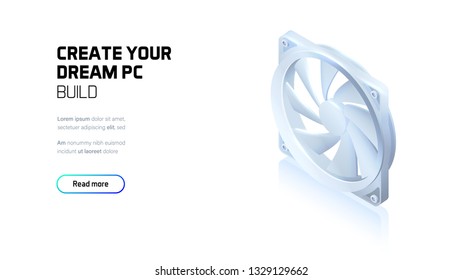 Computer fan for cpu cooler or pc case, 3d realistic isometric illustration, custom gaming and workstation components, computer components and accessories store