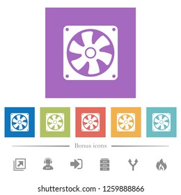 Computer fan flat white icons in square backgrounds. 6 bonus icons included.