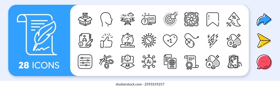 Computer fan, Head and Drone line icons. Interest rate, AI generate, Inflation icons. Pack of Vitamin a, Targeting, Quiz icon. Algorithm, Prescription drugs, Scissors pictogram. Vector