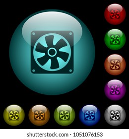 Computer fan icons in color illuminated spherical glass buttons on black background. Can be used to black or dark templates