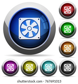 Computer fan icons in round glossy buttons with steel frames