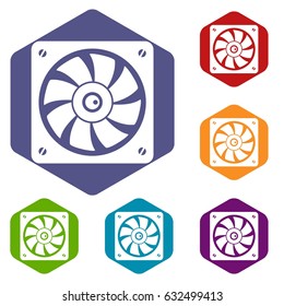 Computer fan icons set hexagon isolated vector illustration