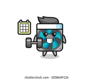 Computerfan-Maskottkartoon für Fitness mit Hantel , süßes Design für T-Shirt, Aufkleber, Logo-Element