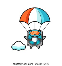 computer fan mascot cartoon is skydiving with happy gesture , cute style design for t shirt, sticker, logo element