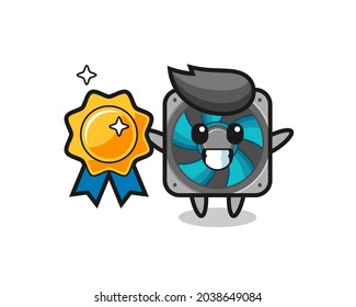 computer fan mascot illustration holding a golden badge , cute style design for t shirt, sticker, logo element