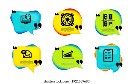 Computer fan, Parking place and Like video icons simple set. Speech bubble with quotes. Chart, New mail and Interview signs. Pc ventilator, Transport, Thumbs up. Vector