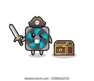 the computer fan pirate character holding sword beside a treasure box , cute style design for t shirt, sticker, logo element