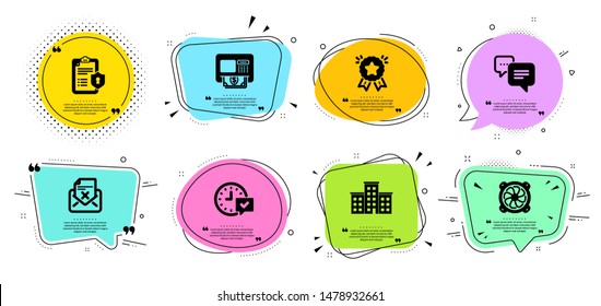 Computer fan, Select alarm and Dots message line icons set. Chat bubbles with quotes. Atm, Privacy policy and Company signs. Reject letter, Ranking star symbols. Pc ventilator, Time symbol. Vector
