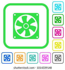 Computer fan vivid colored flat icons in curved borders on white background
