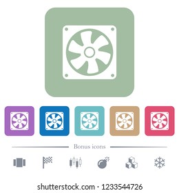 Computer fan white flat icons on color rounded square backgrounds. 6 bonus icons included