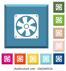 Computer fan white icons on edged square buttons in various trendy colors