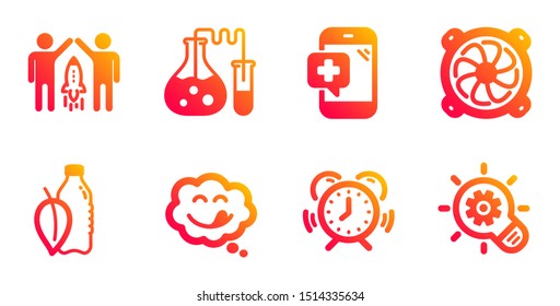 Computer fan, Yummy smile and Water bottle line icons set. Chemistry lab, Medical phone and Partnership signs. Time management, Cogwheel symbols. Pc ventilator, Comic chat. Business set. Vector