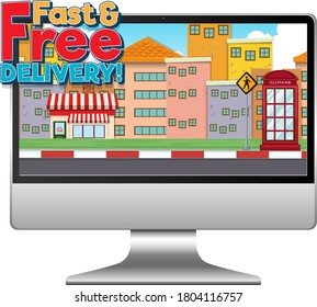 Computer with fast and free delivery logo illustration