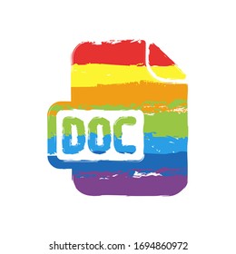 Computer file, doc symbol. Drawing sign with LGBT style, seven colors of rainbow (red, orange, yellow, green, blue, indigo, violet